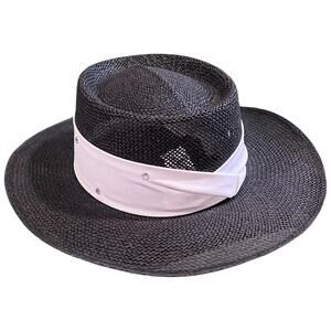 Vintage Town Talk Black Straw Panama Hat White Band Crystal Accents